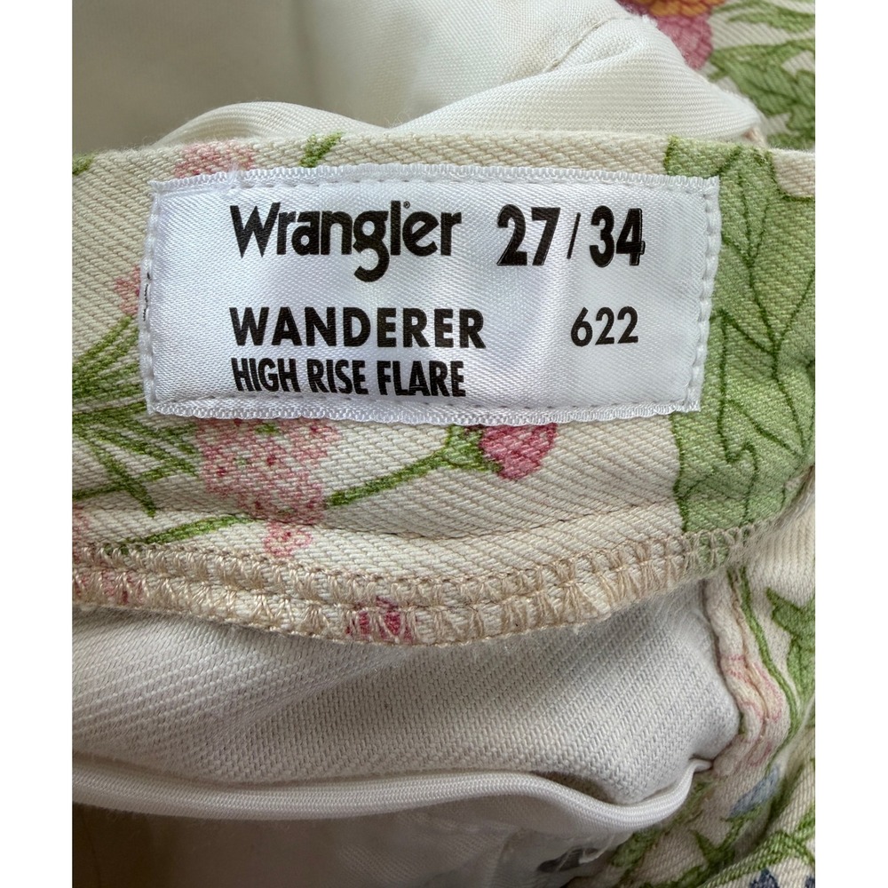 Wrangler Floral Flare Jeans Womens 27 Cream Botanical Print 70s Boho Bell Bottom - Picture 12 of 16